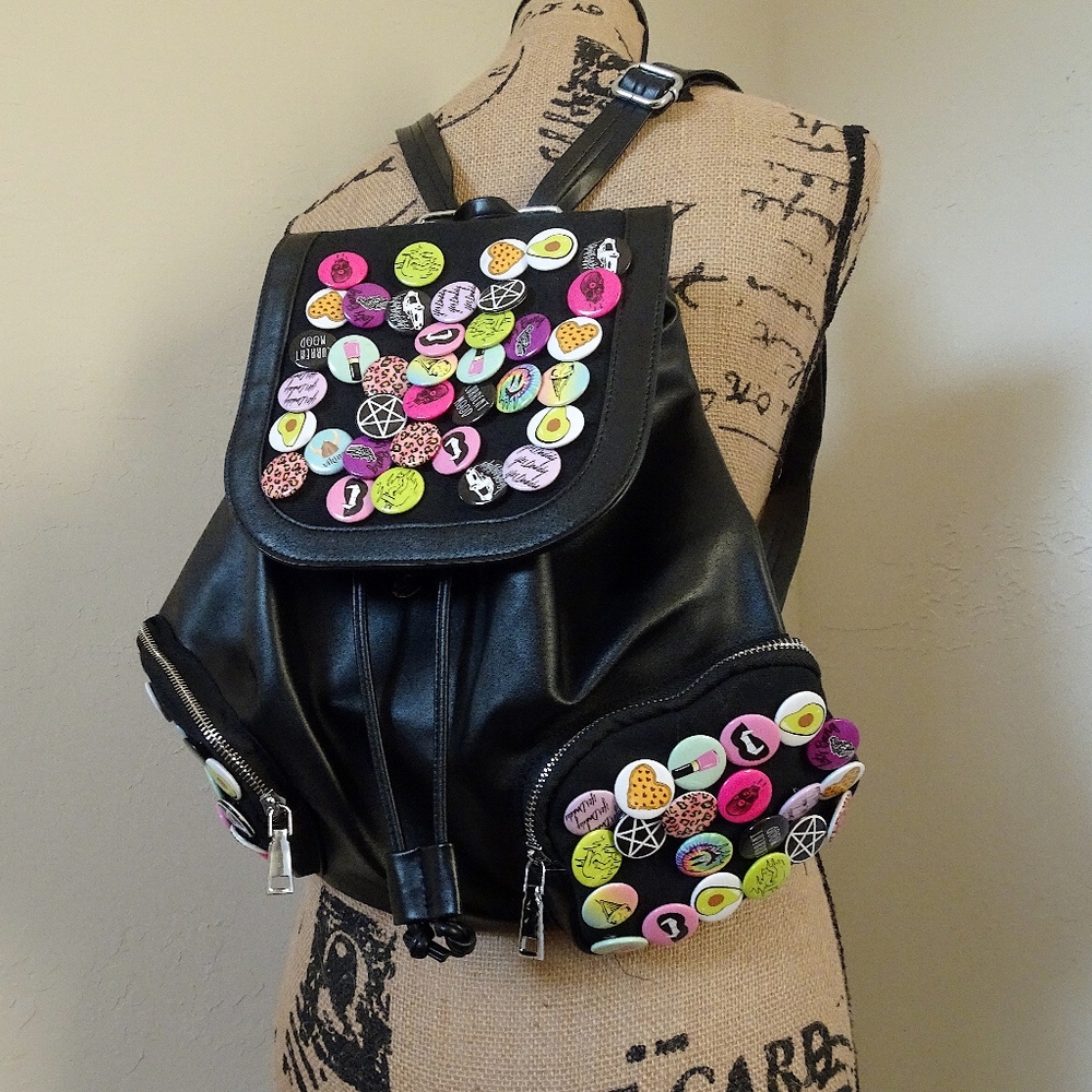 Current Mood Black Vegan Leather Punk Emoji Pin Goth Backpack:) - Picture 4 of 8